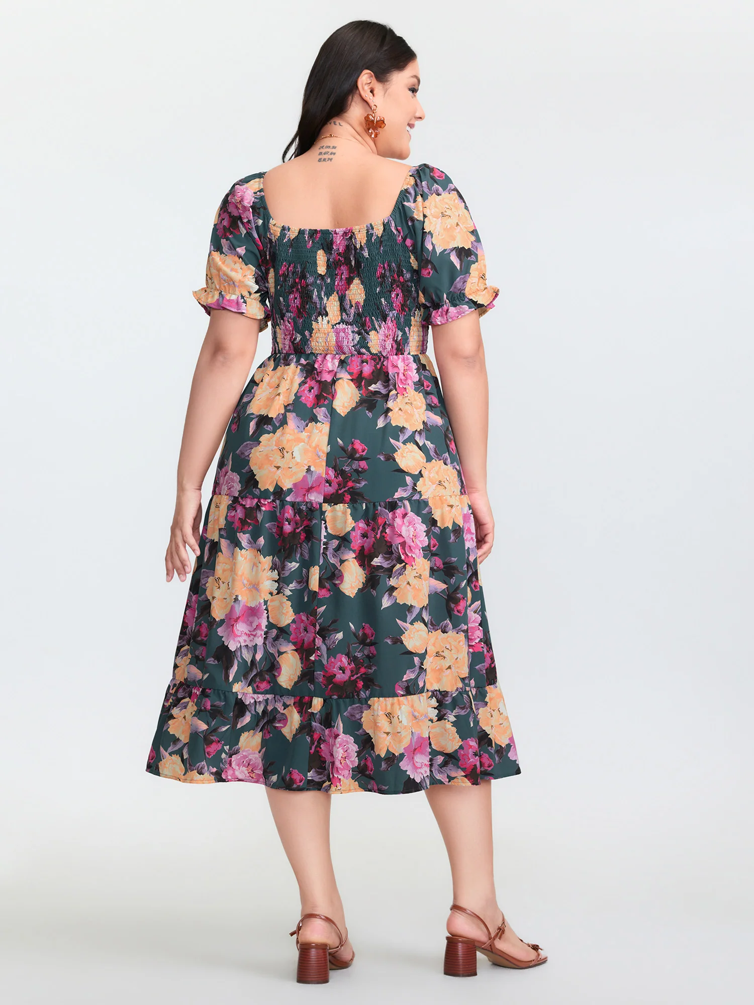 Floral Print Shirred Bodice Midi Dress - Image 4