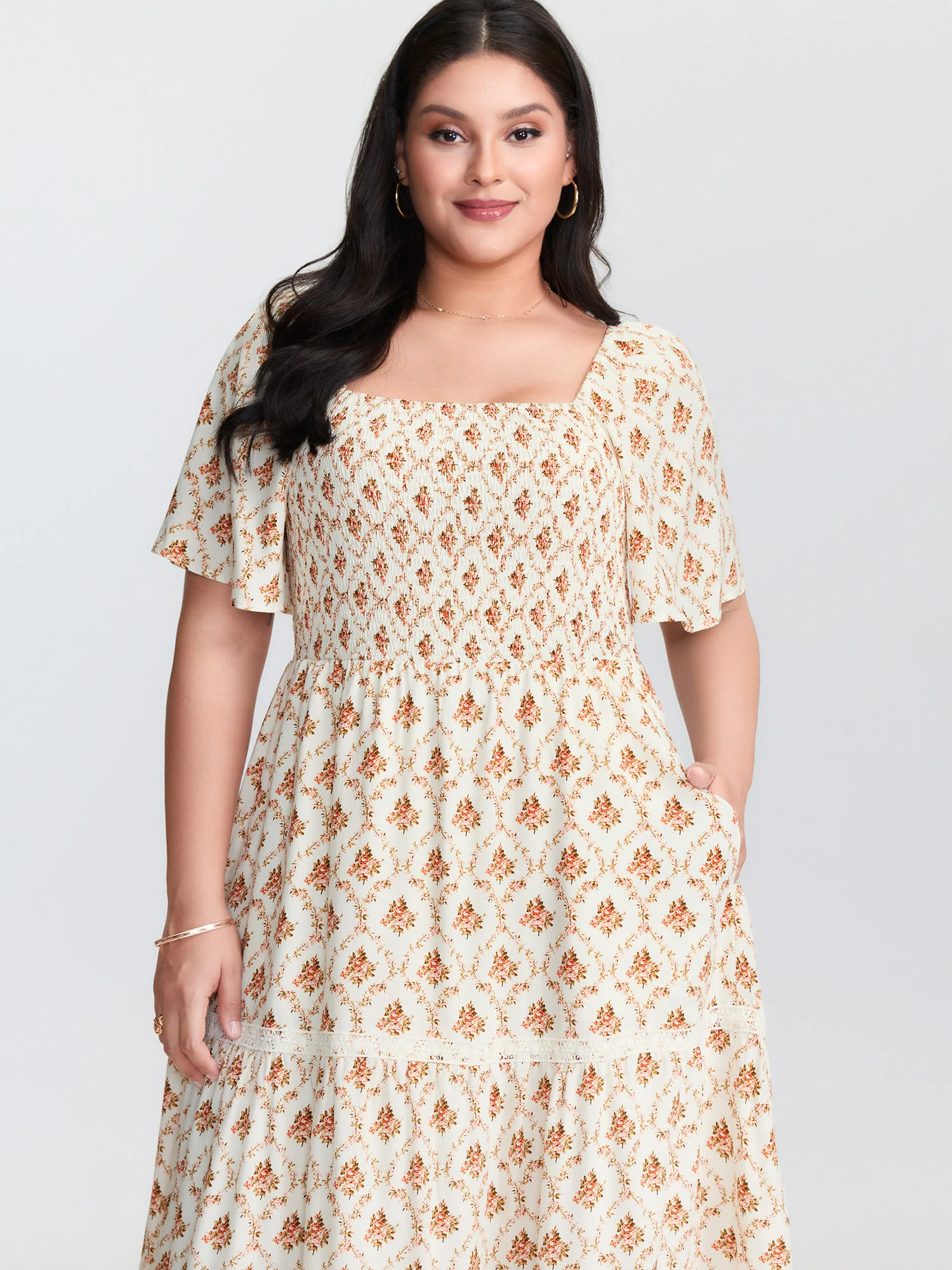Floral Print Shirred Bodice Midi Dress - Image 2