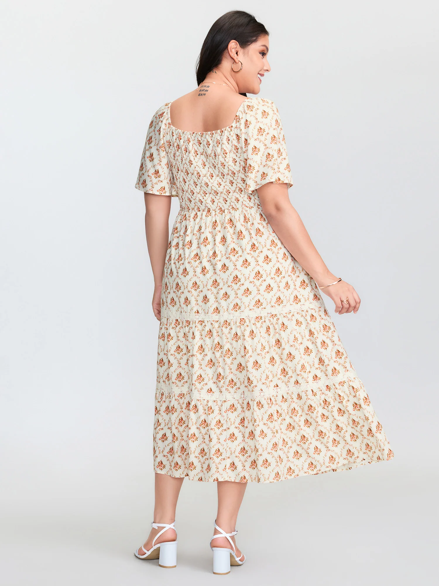 Floral Print Shirred Bodice Midi Dress - Image 4