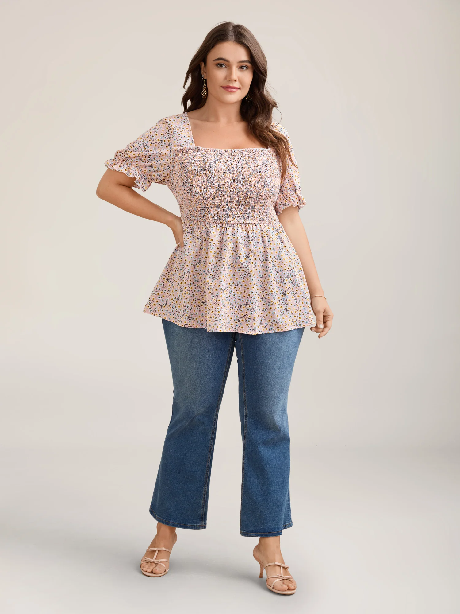 Floral Print Shirred Bodice Peplum Top - Image 2