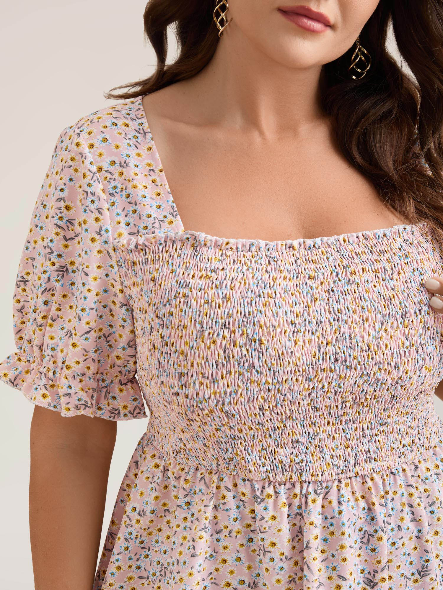 Floral Print Shirred Bodice Peplum Top - Image 3