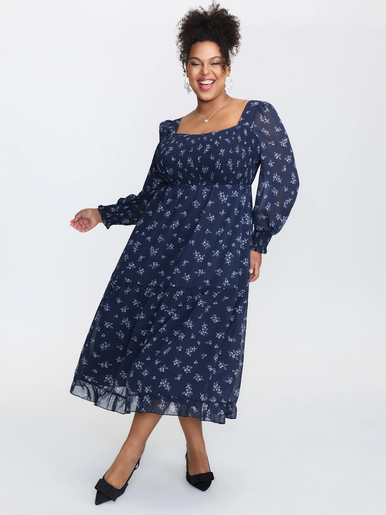 Floral Print Shirred Bodice Sheer Maxi Dress - Image 2