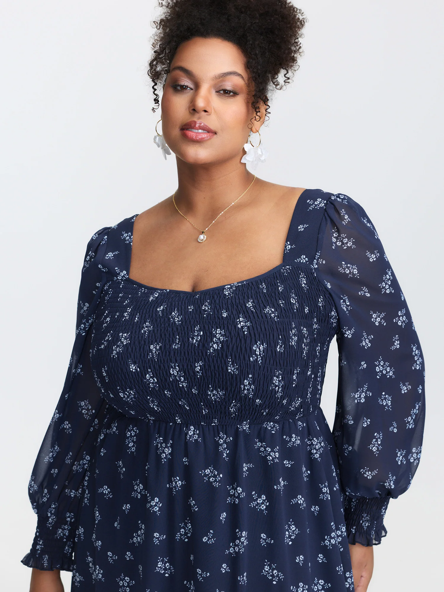 Floral Print Shirred Bodice Sheer Maxi Dress - Image 4