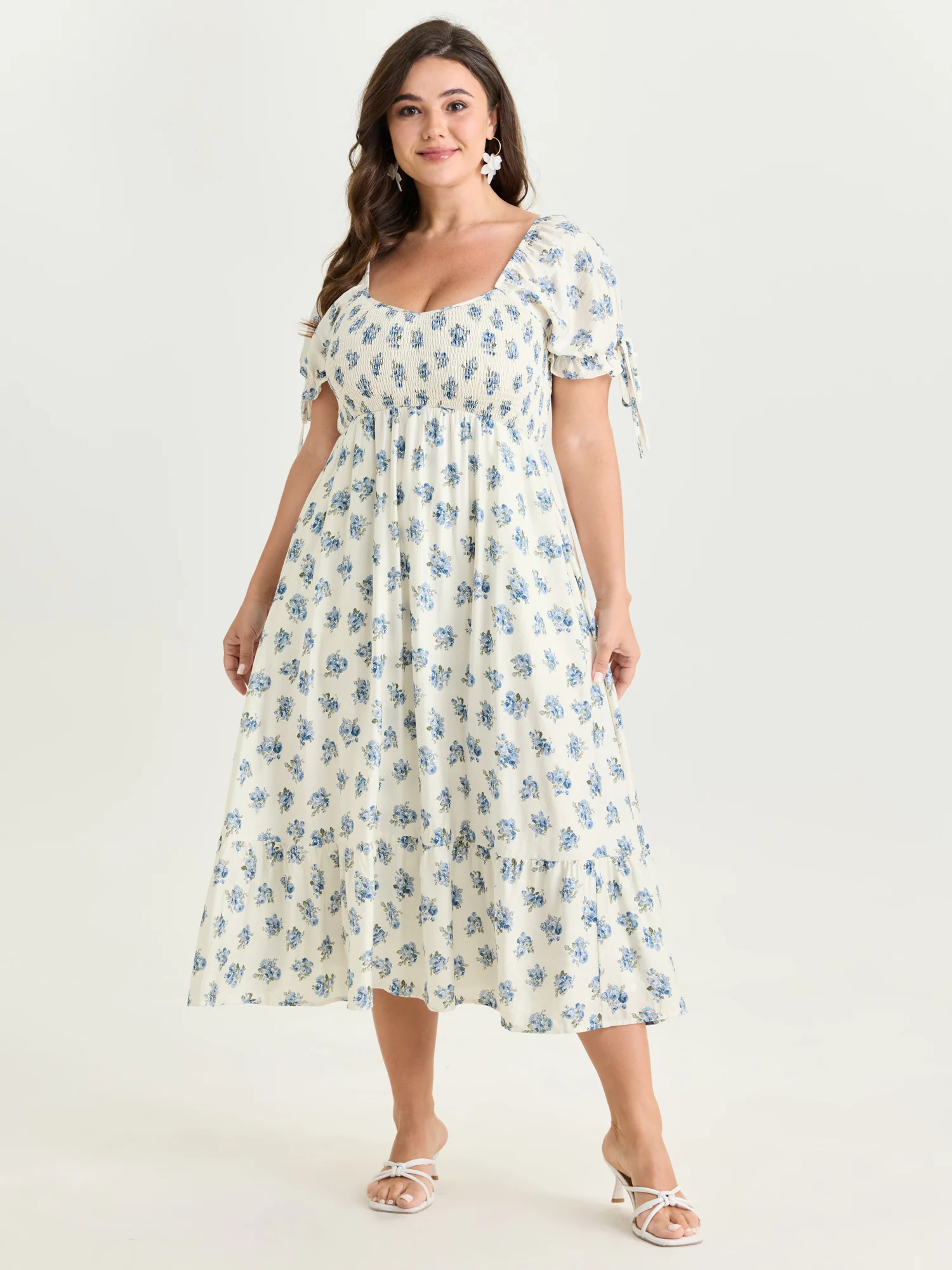 Floral Print Shirred Bodice Sleeve-Tie Maxi Dress - Image 3