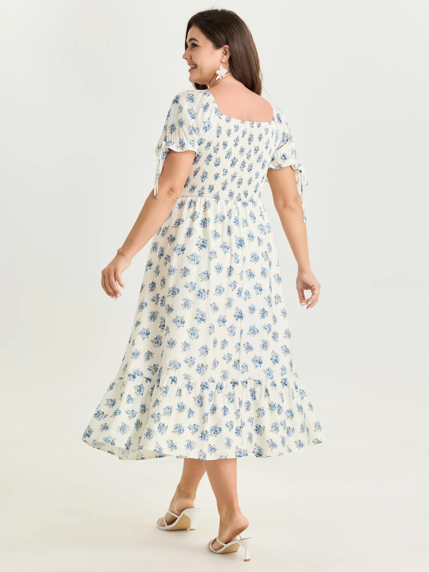 Floral Print Shirred Bodice Sleeve-Tie Maxi Dress - Image 4