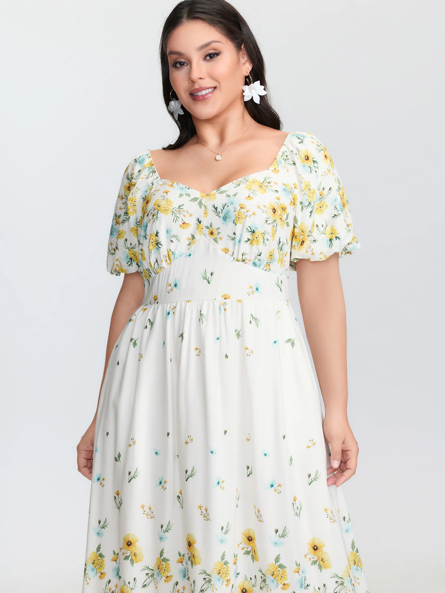 Floral Print Shirred Bodice Triangular Waist Midi Dress - Image 2