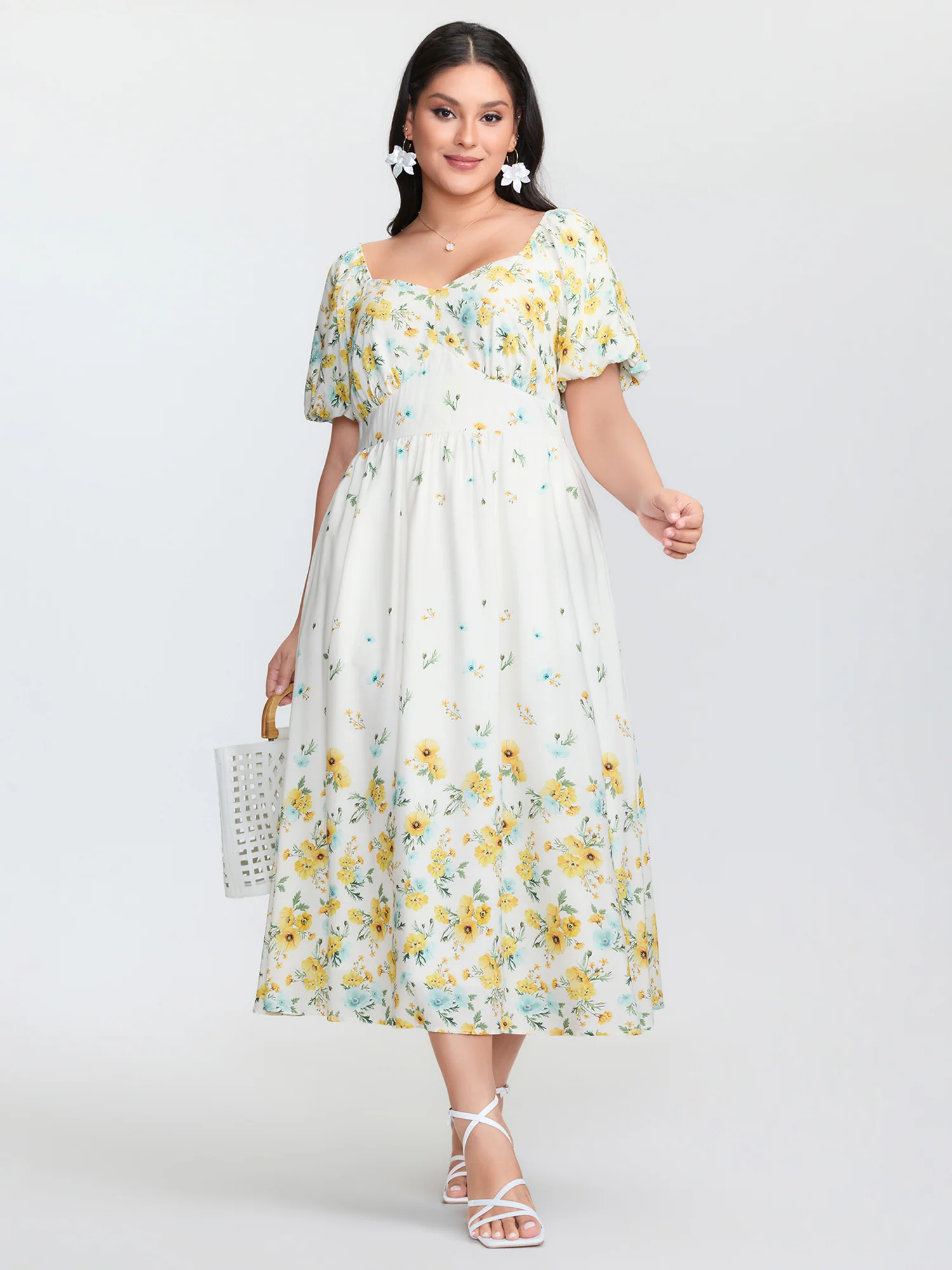 Floral Print Shirred Bodice Triangular Waist Midi Dress - Image 3