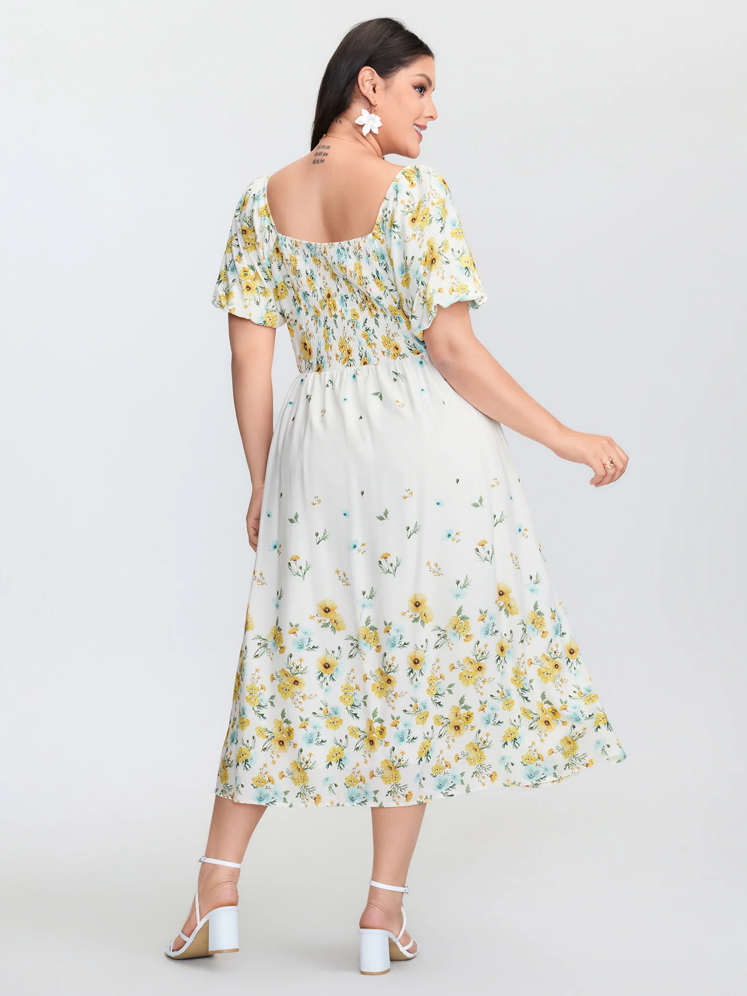 Floral Print Shirred Bodice Triangular Waist Midi Dress - Image 4