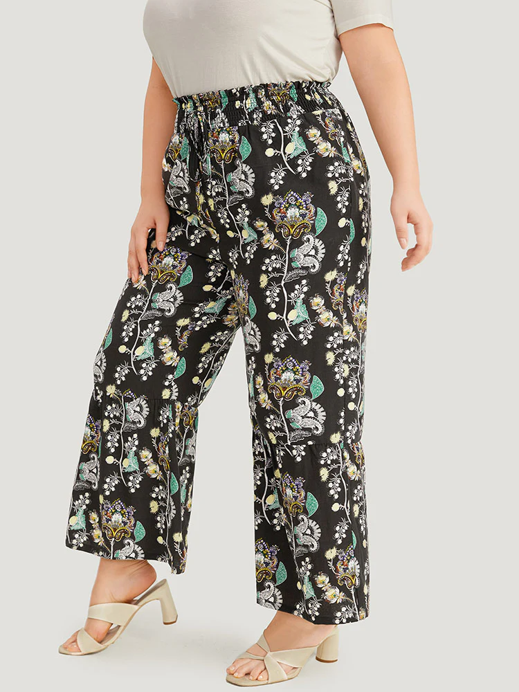 Floral Print Shirred Bootcut Ties Pocket Pants - Image 2