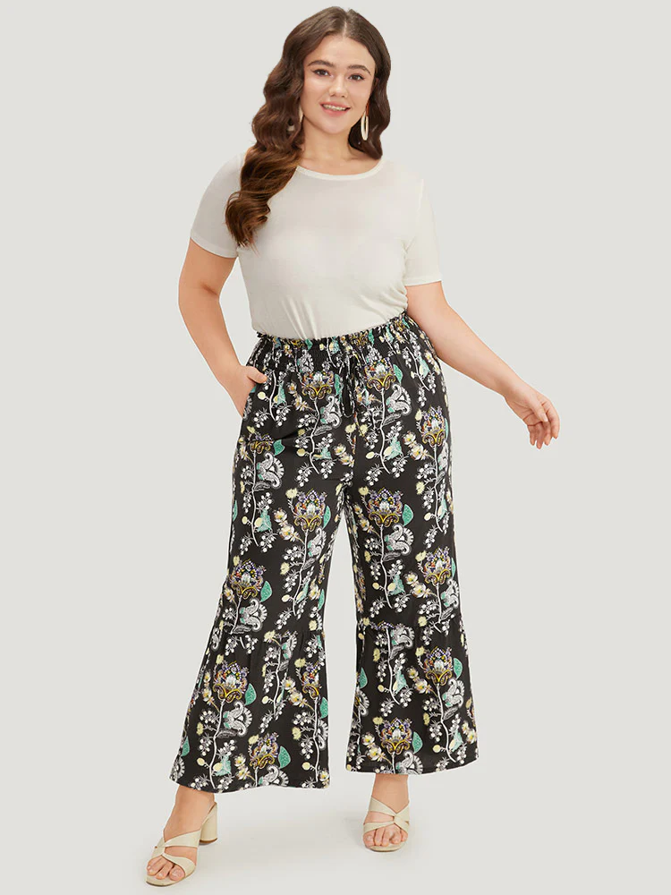 Floral Print Shirred Bootcut Ties Pocket Pants - Image 3