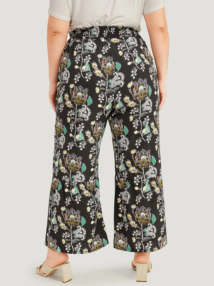 Floral Print Shirred Bootcut Ties Pocket Pants - Image 4