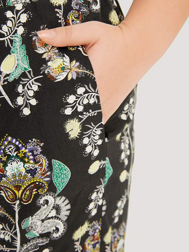 Floral Print Shirred Bootcut Ties Pocket Pants - Image 6