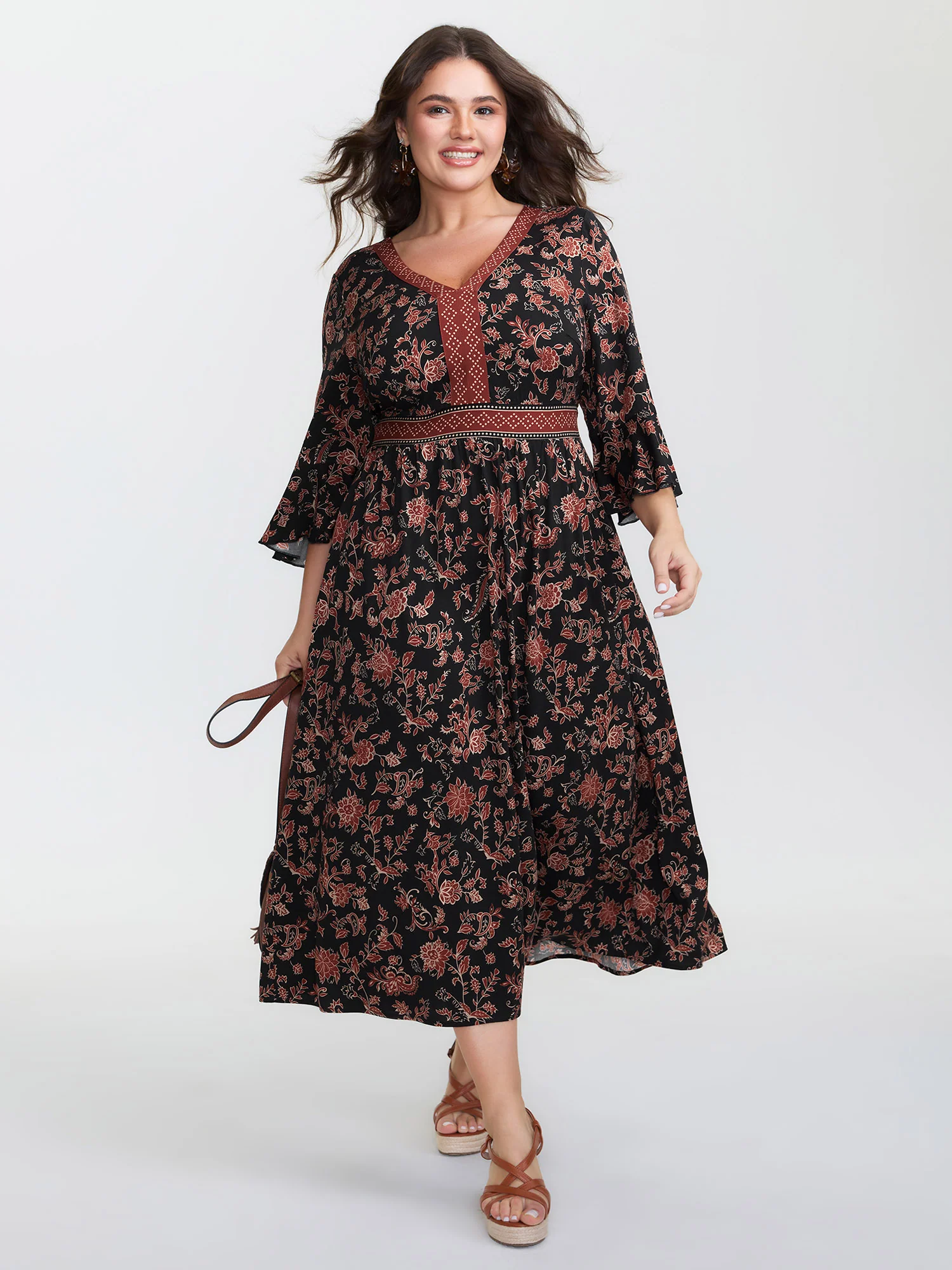 Floral Print Shirred Contrast Pockets Maxi Dress - Image 3