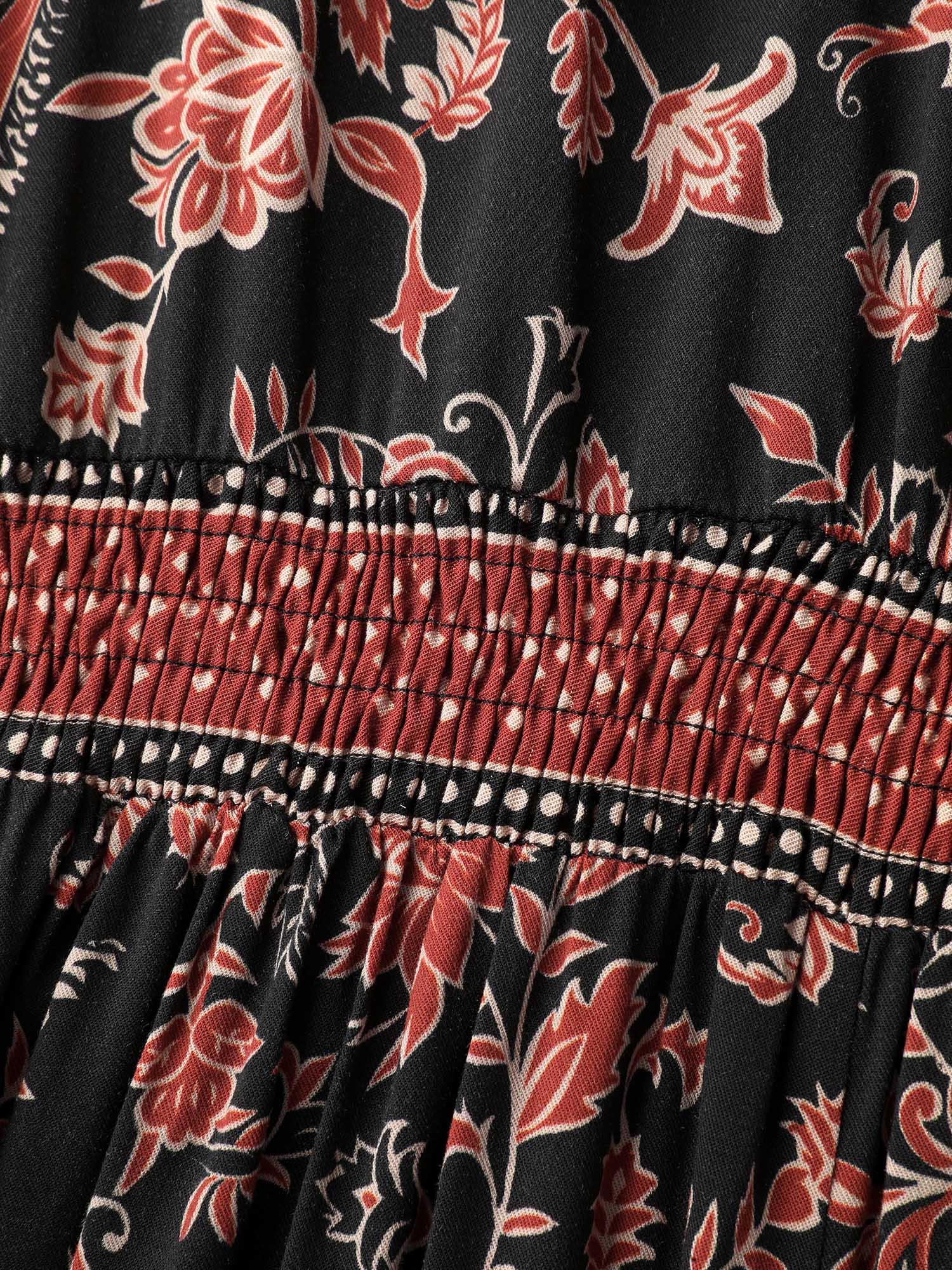 Floral Print Shirred Contrast Pockets Maxi Dress - Image 5