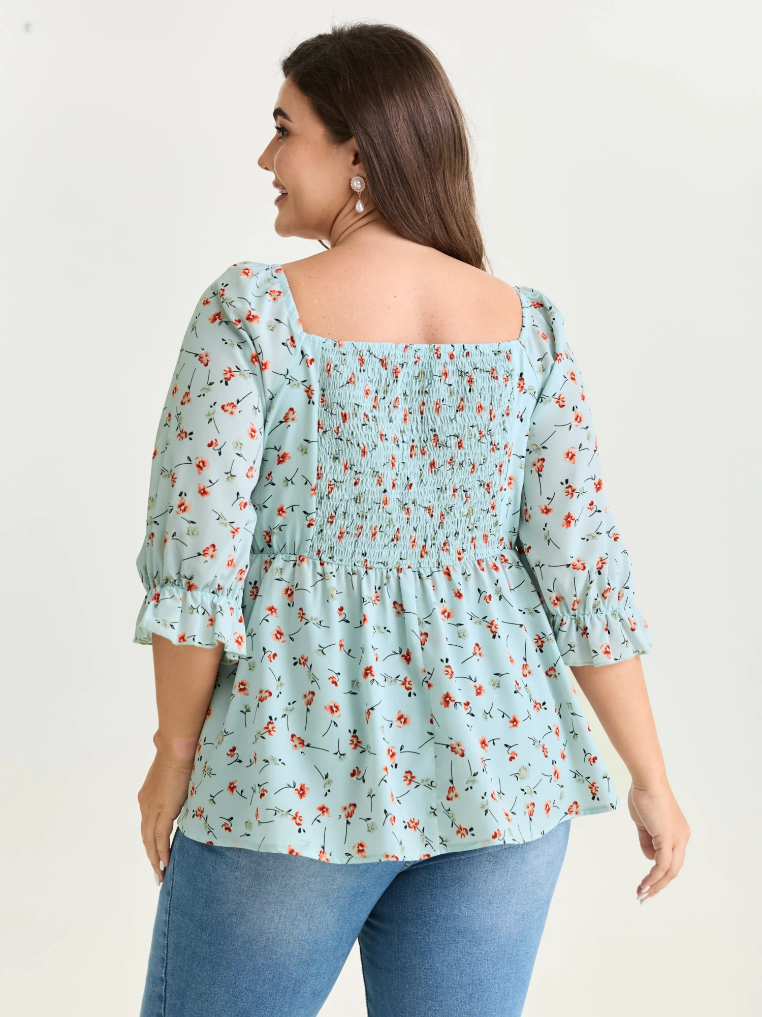 Floral Print Shirred Cuff Sleeve Blouse - Image 11