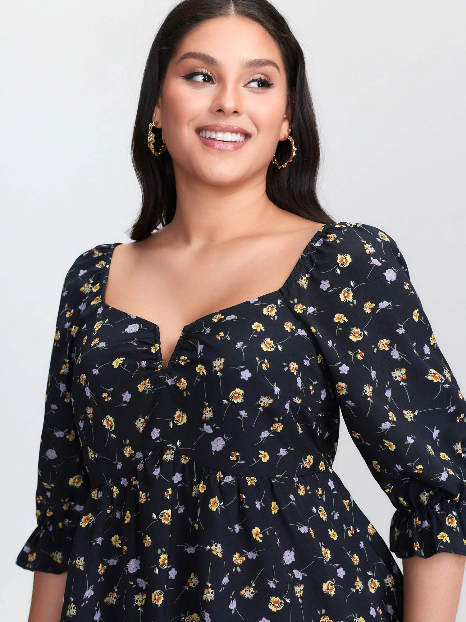 Floral Print Shirred Cuff Sleeve Blouse - Image 2