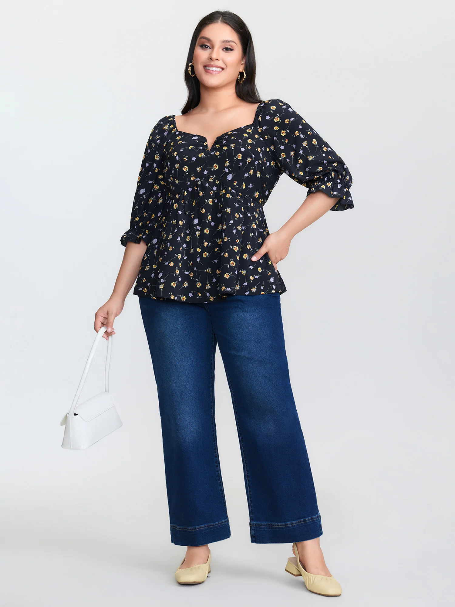 Floral Print Shirred Cuff Sleeve Blouse - Image 3