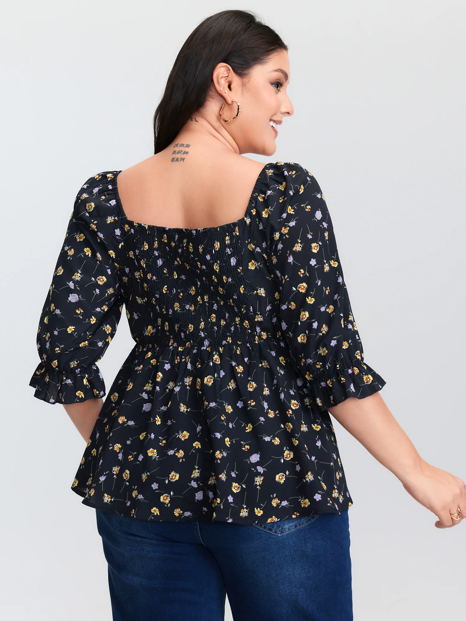 Floral Print Shirred Cuff Sleeve Blouse - Image 4