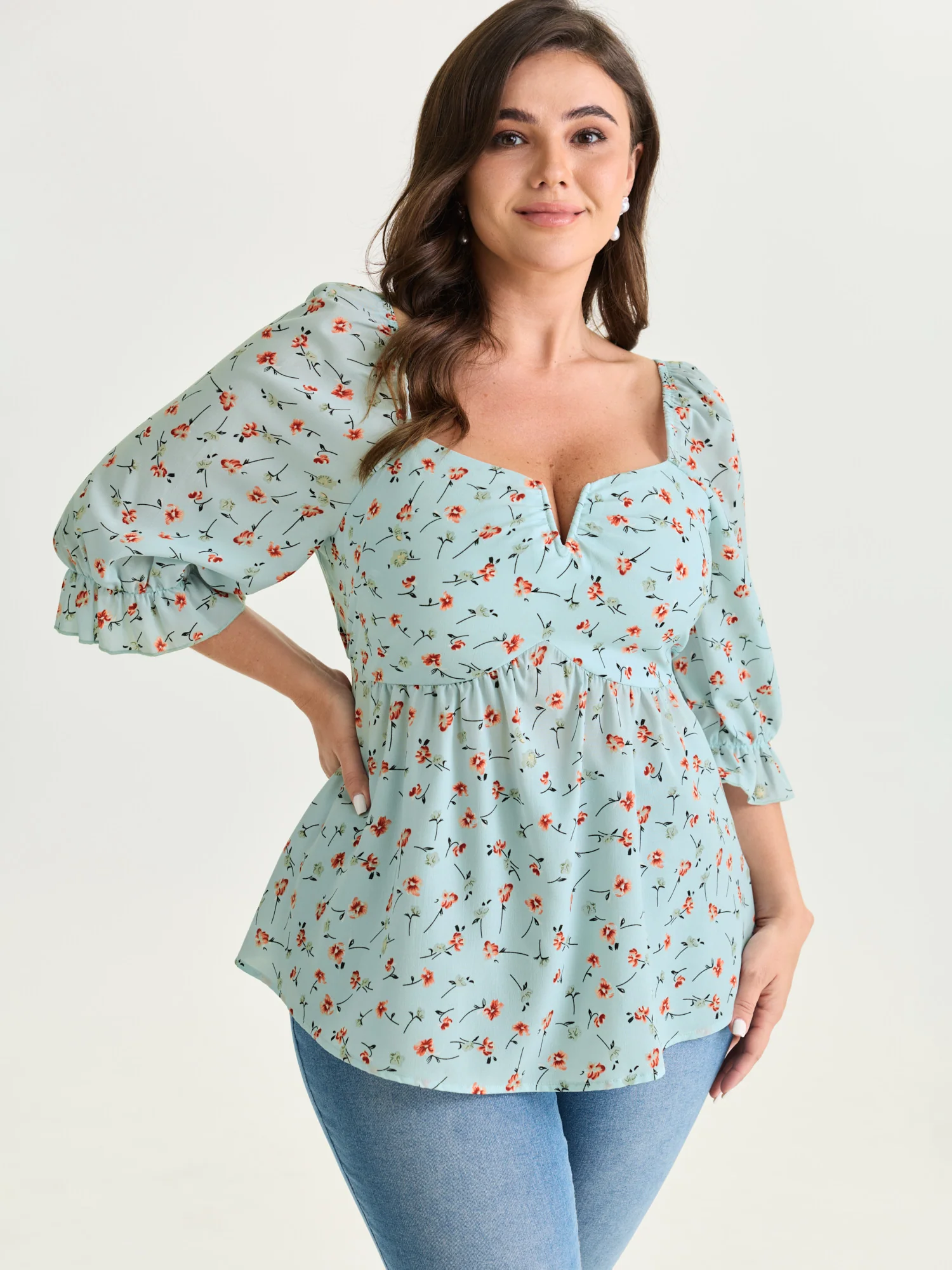 Floral Print Shirred Cuff Sleeve Blouse - Image 8
