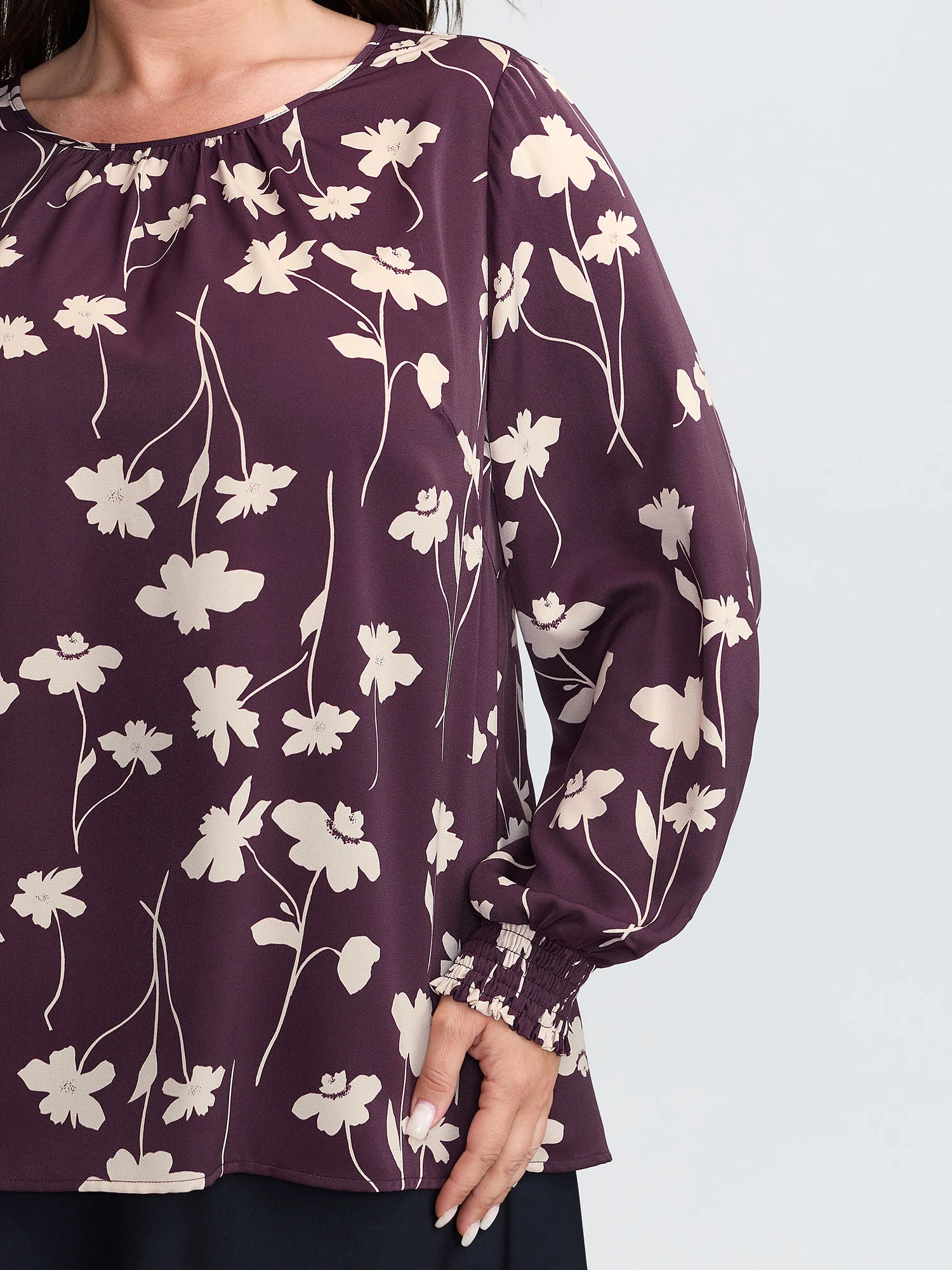 Floral Print Shirred Cuff Sleeve Blouse - Image 3