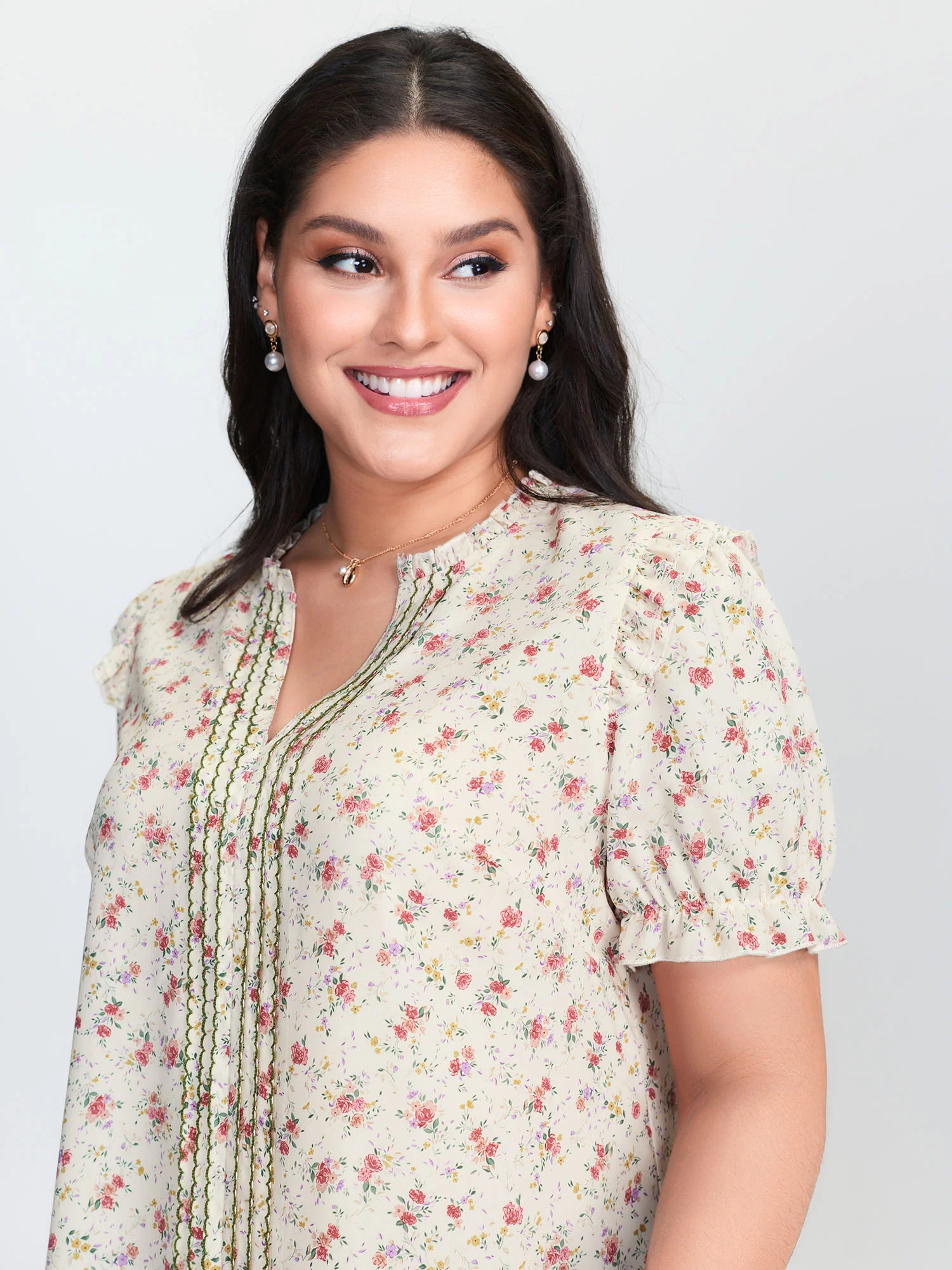 Floral Print Shirred Cuff Sleeve Contrast Blouse - Image 2