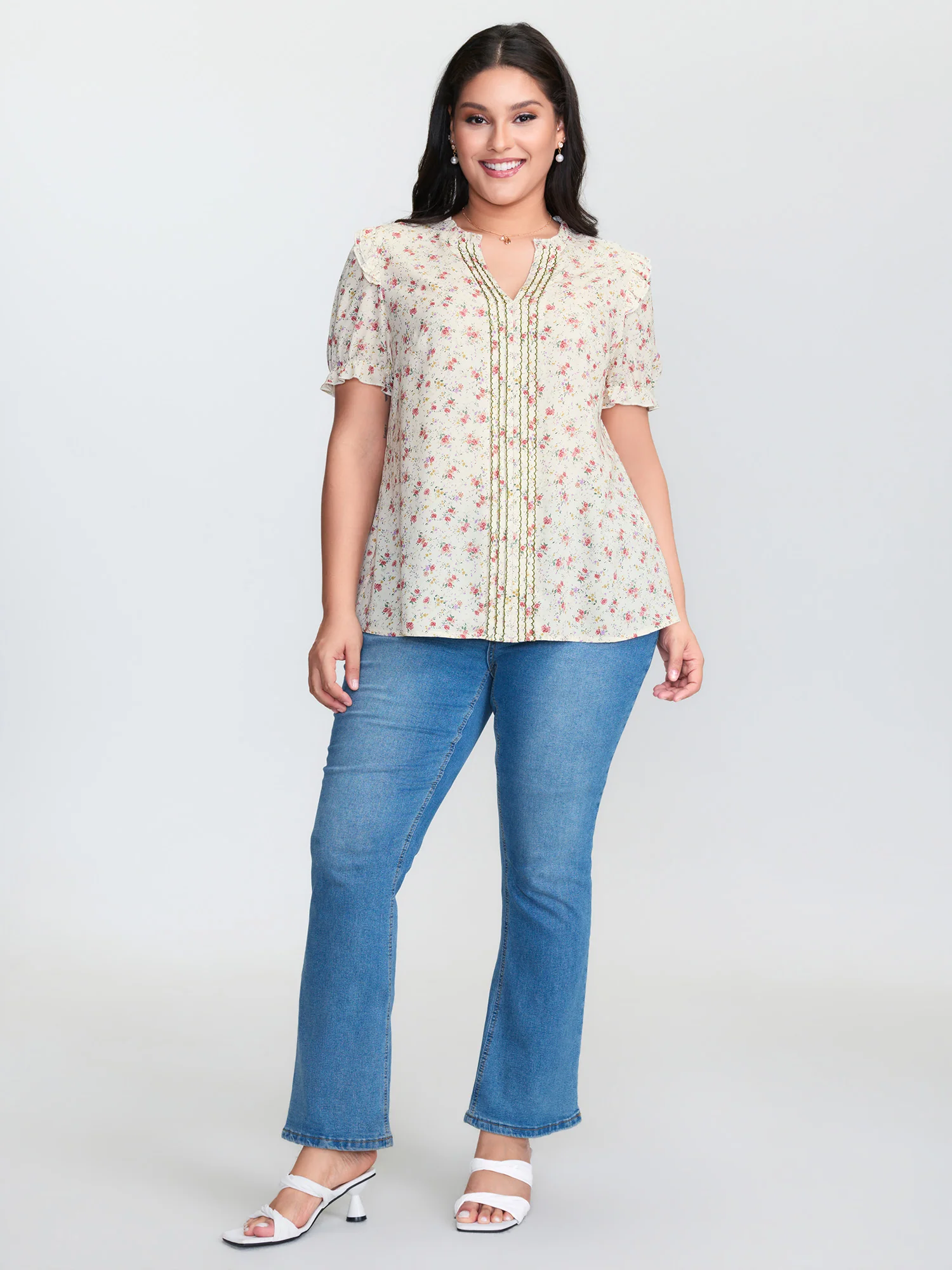 Floral Print Shirred Cuff Sleeve Contrast Blouse - Image 3