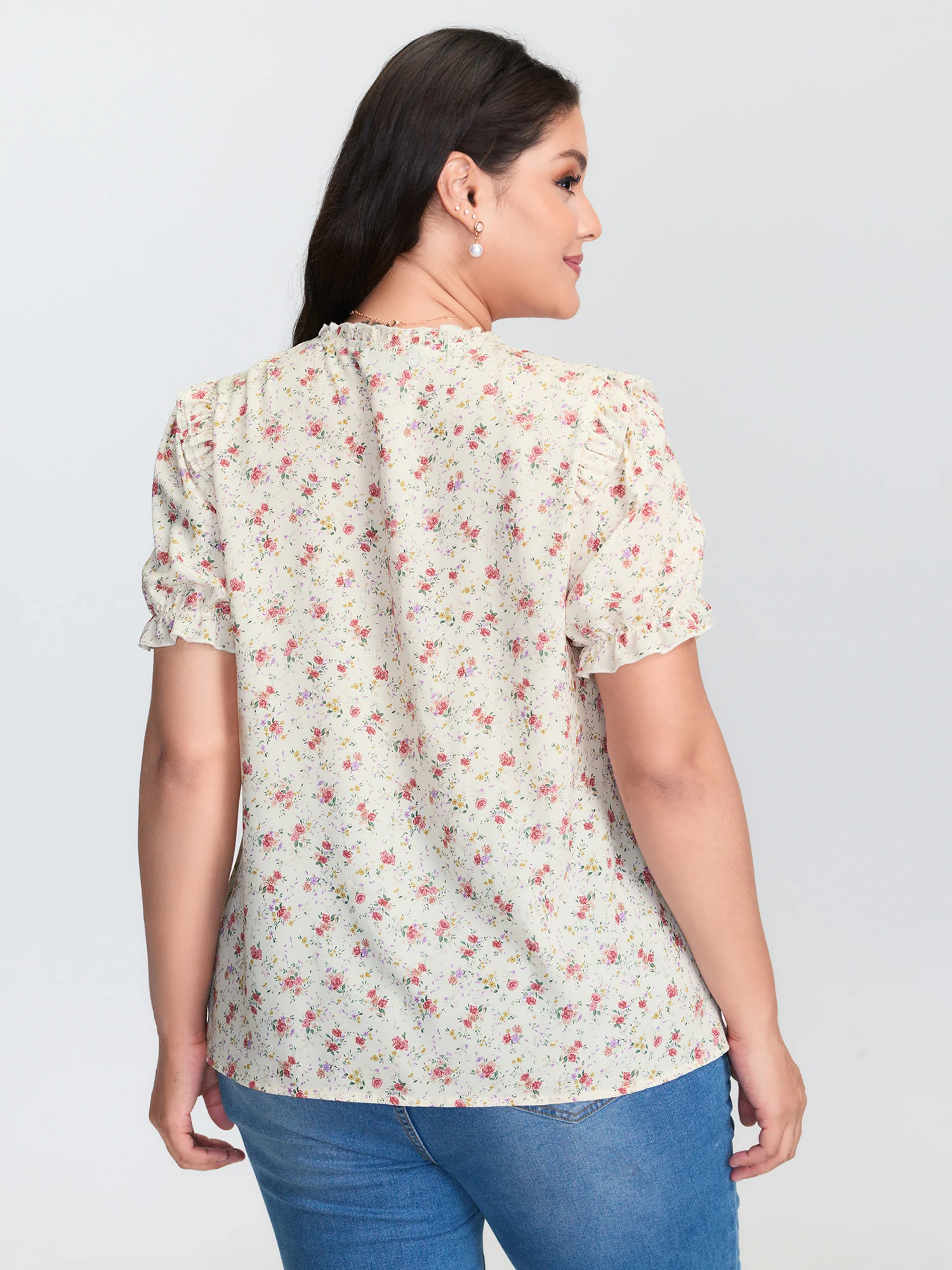 Floral Print Shirred Cuff Sleeve Contrast Blouse - Image 4
