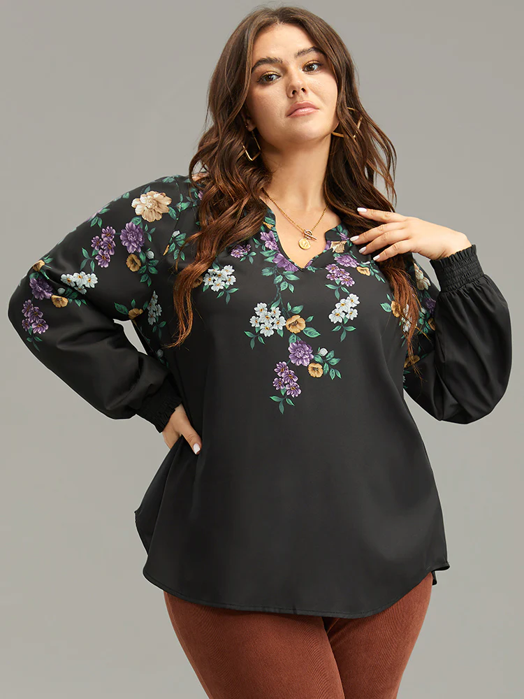 Floral Print Shirred Curved Hem Blouse - Image 2