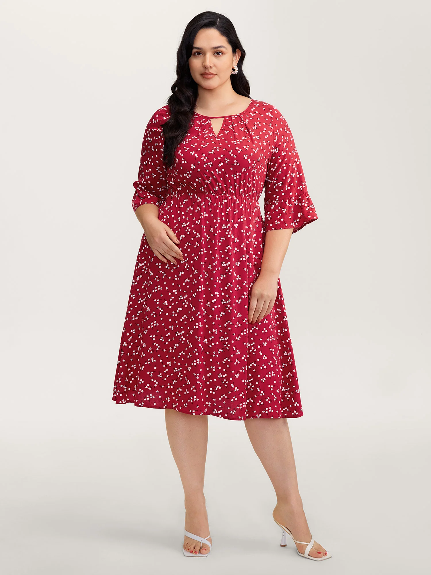 Floral Print Shirred Cut-Out Neck Midi Dress - Image 3