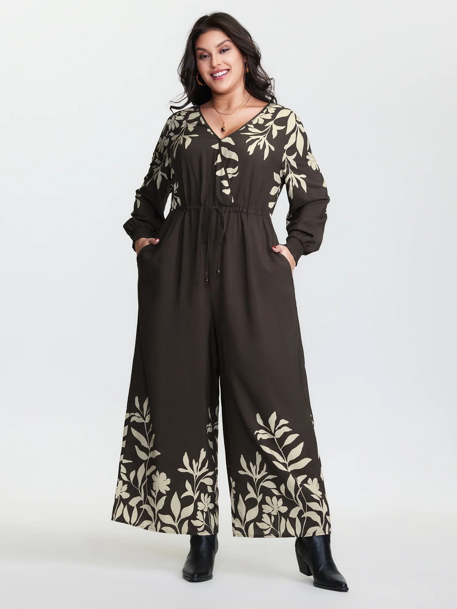 Floral Print Shirred Drawstring Jumpsuit - Image 2
