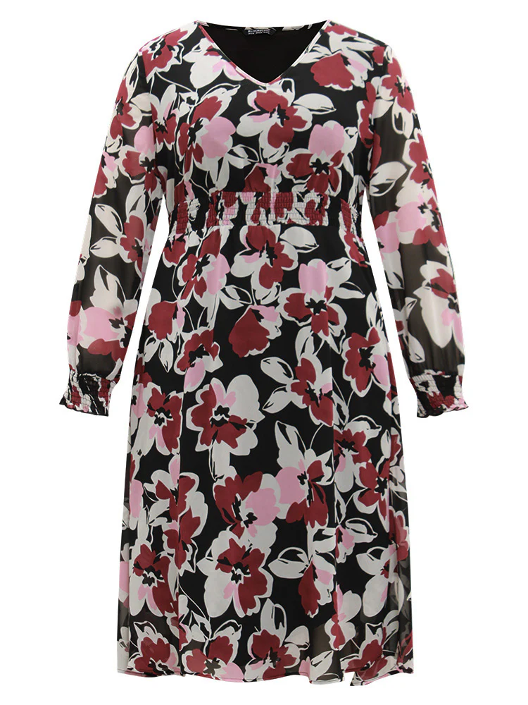 Floral Print Chiffon Shirred Elastic Cuffs Dress - Image 10