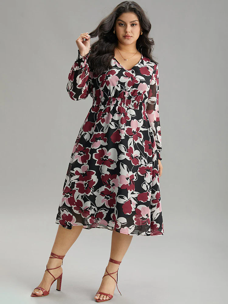 Floral Print Chiffon Shirred Elastic Cuffs Dress - Image 2