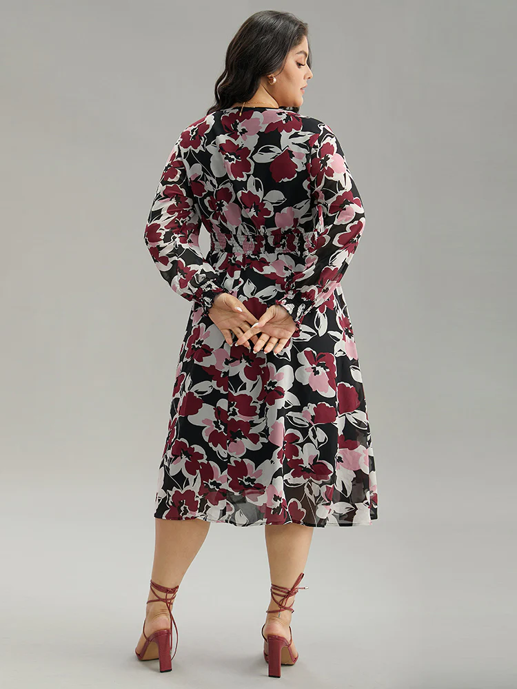 Floral Print Chiffon Shirred Elastic Cuffs Dress - Image 3