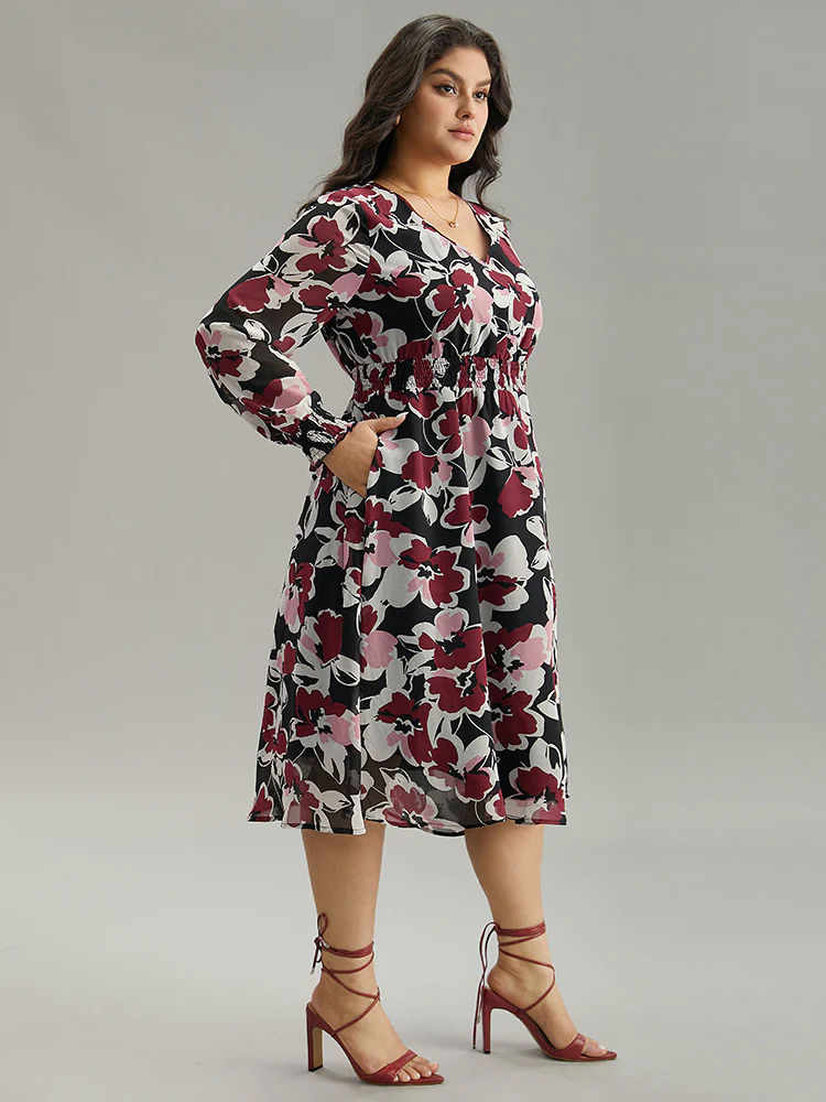 Floral Print Chiffon Shirred Elastic Cuffs Dress - Image 4