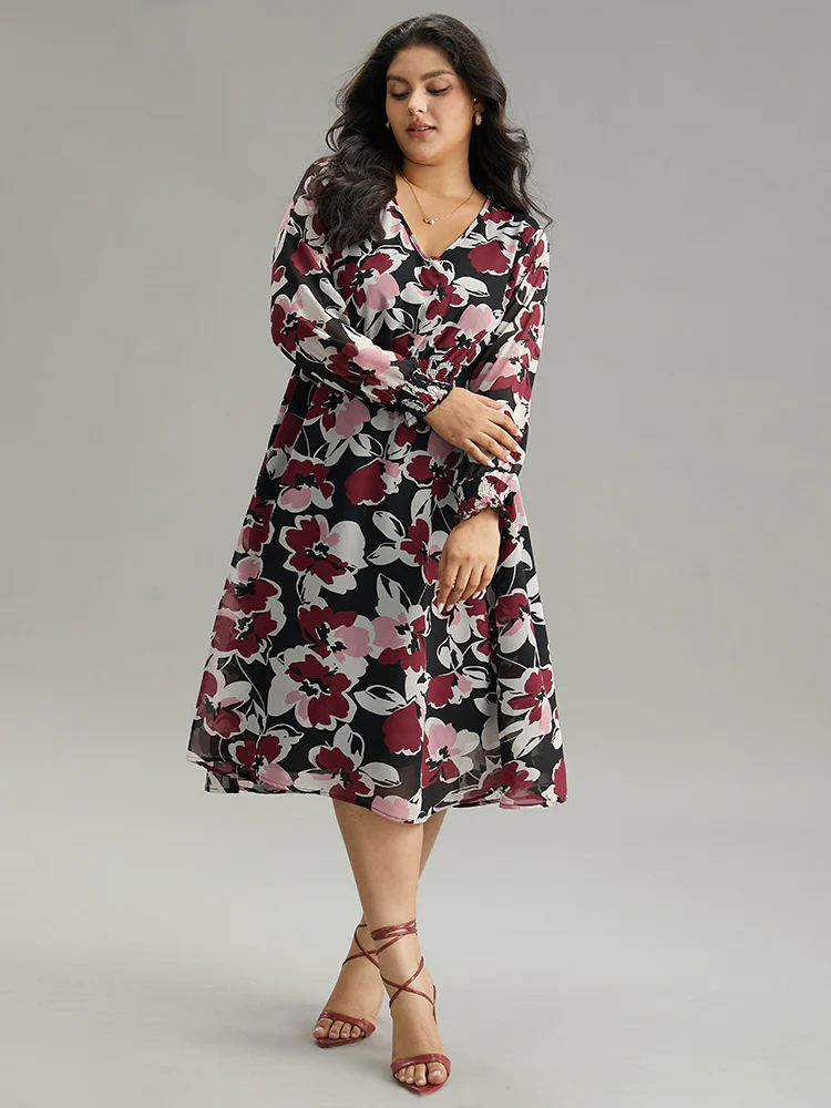 Floral Print Chiffon Shirred Elastic Cuffs Dress - Image 5