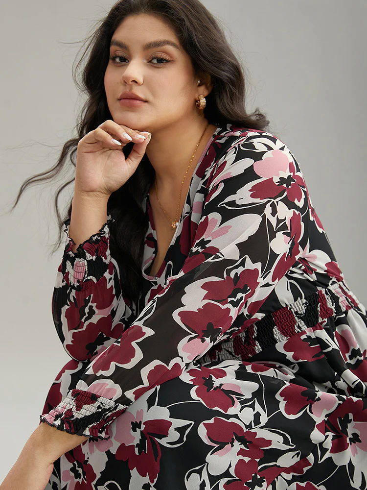 Floral Print Chiffon Shirred Elastic Cuffs Dress - Image 6