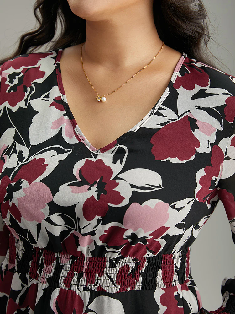 Floral Print Chiffon Shirred Elastic Cuffs Dress - Image 7