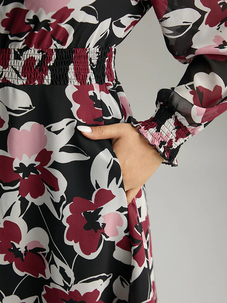 Floral Print Chiffon Shirred Elastic Cuffs Dress - Image 8