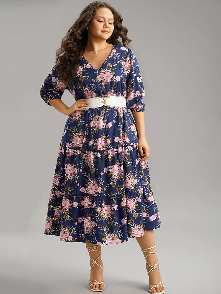 Floral Print Shirred Elastic Cuffs Dress - Image 2