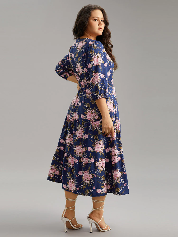 Floral Print Shirred Elastic Cuffs Dress - Image 3
