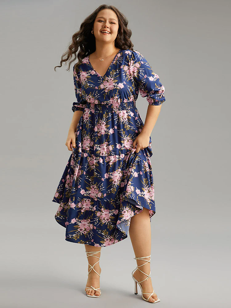 Floral Print Shirred Elastic Cuffs Dress - Image 4