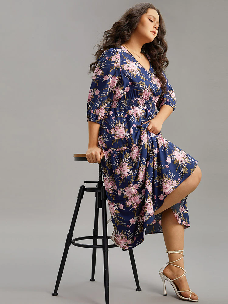 Floral Print Shirred Elastic Cuffs Dress - Image 5