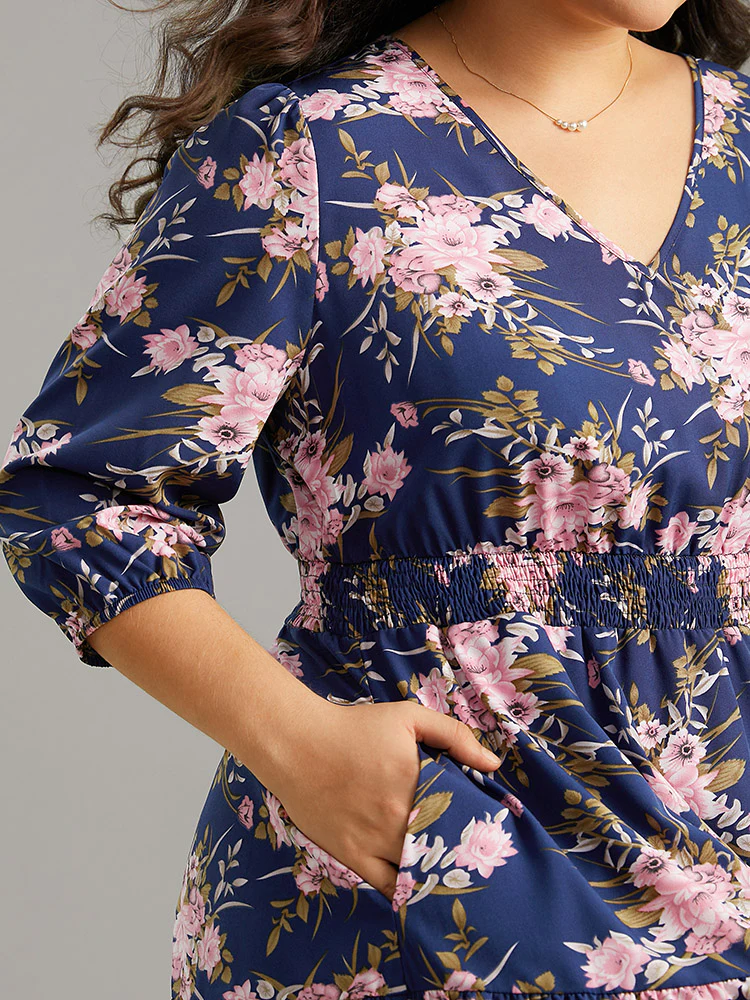 Floral Print Shirred Elastic Cuffs Dress - Image 6