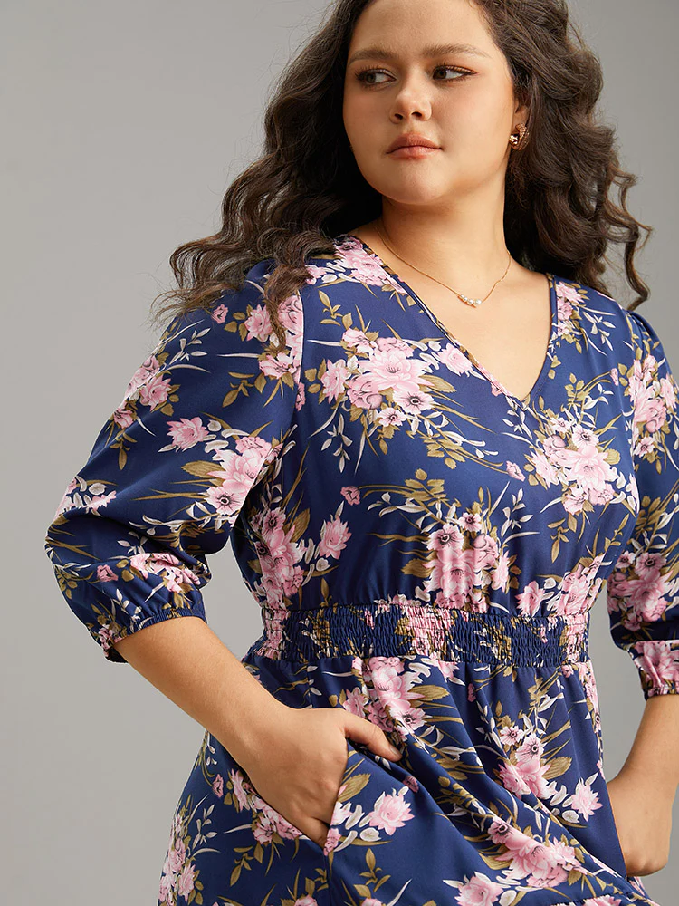 Floral Print Shirred Elastic Cuffs Dress - Image 7