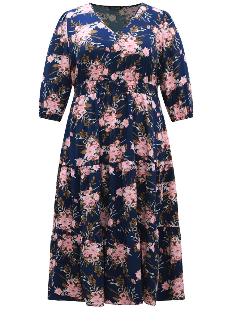 Floral Print Shirred Elastic Cuffs Dress - Image 8
