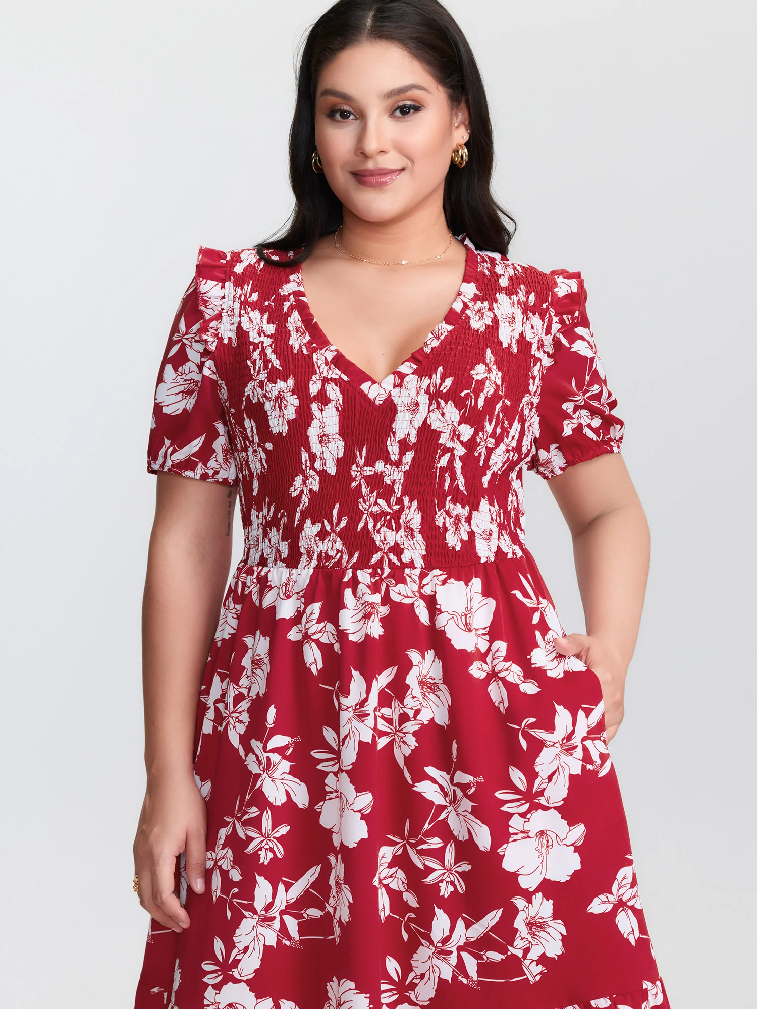 Floral Print Shirred Front Flutter Sleeve Mini Dress - Image 2