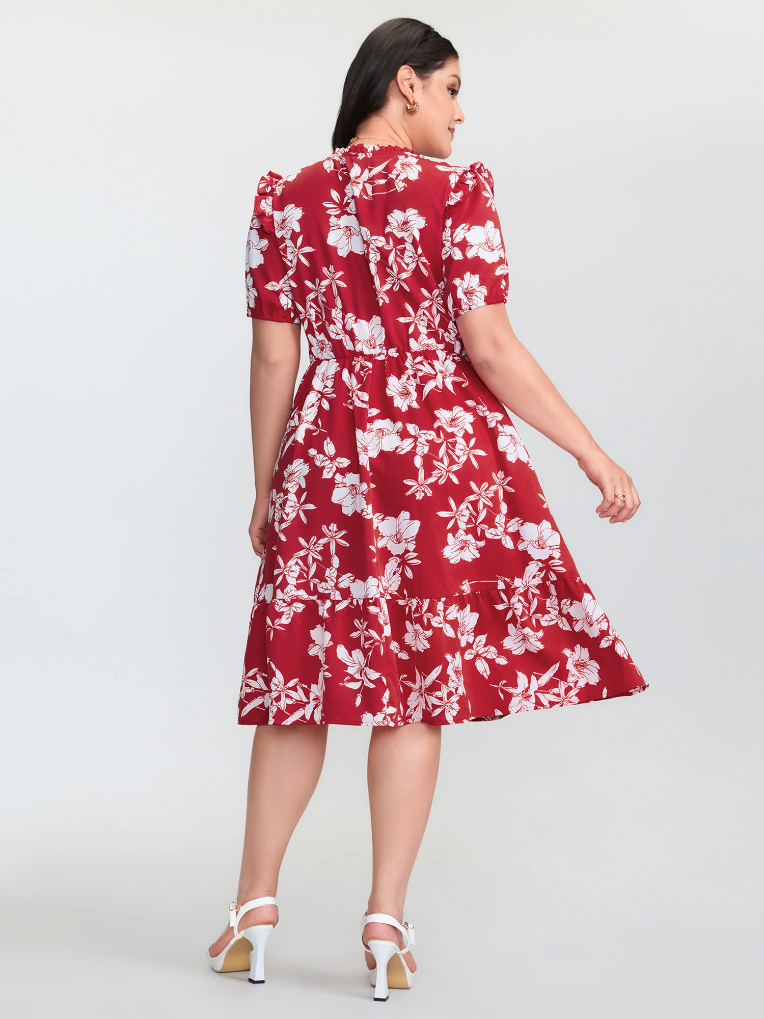 Floral Print Shirred Front Flutter Sleeve Mini Dress - Image 5