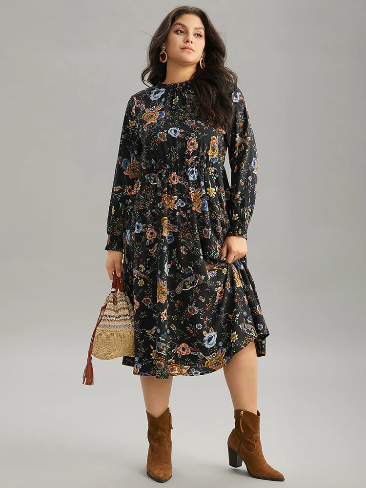 Floral Print Shirred Gathered Stand Collar Dress - Image 2
