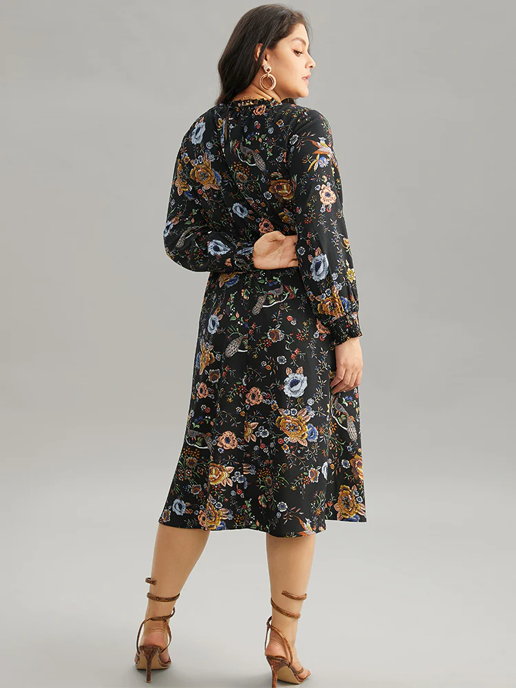 Floral Print Shirred Gathered Stand Collar Dress - Image 3