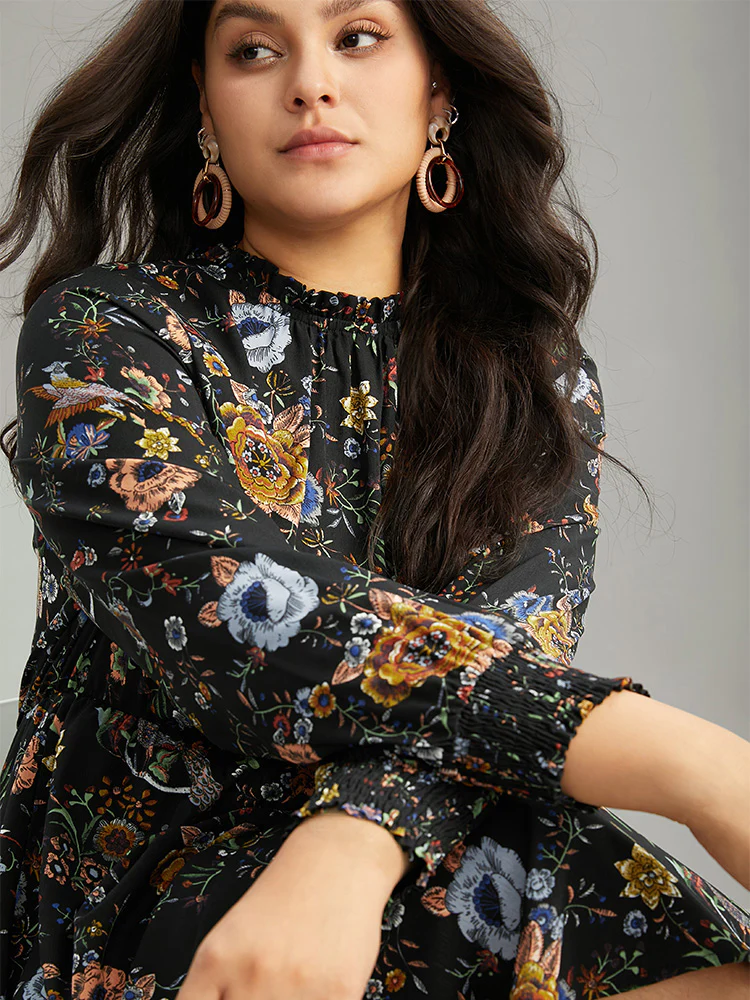 Floral Print Shirred Gathered Stand Collar Dress - Image 4
